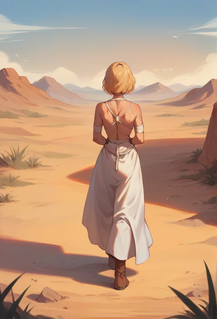 Blonde woman in an outfit that shows her stomach and back, walking in the desert, hands securely tied behind his back with a white rope, wrists crossed and slightly raised in the back 