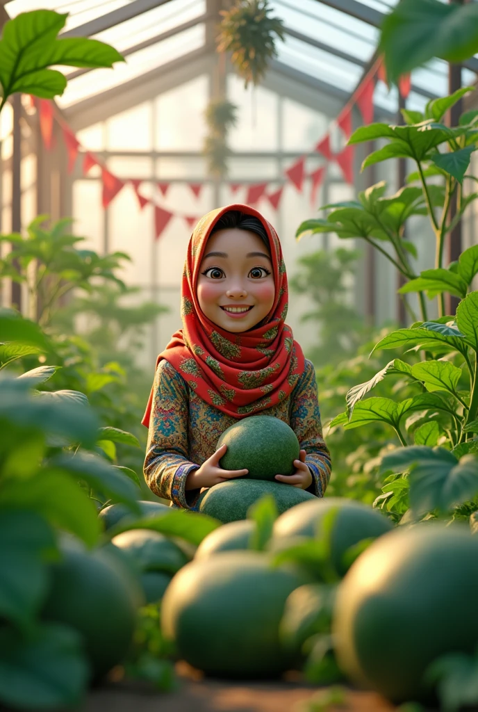 Images with 4K resolution, A melon plant being harvested inside a greenhouse by a female animated character wearing a hijab, with an atmosphere of Indonesia's 79th Independence Day.