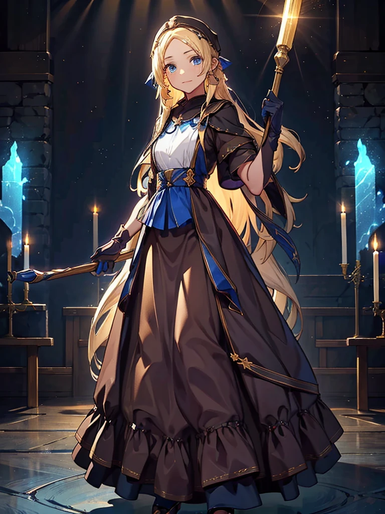 Black background with spotlight, fantasy class,saint, Clear lines,flin color, One person,holy, Blonde,Medium Hair,floining hair, blue eyes, Blue Earrings, 白いholyドレス,long heavy dress, (saint holy hin:0.8), Cowboy Shot,Looking_in_Audience,