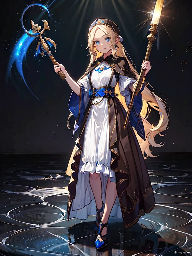 Black background with spotlight, fantasy class,saint, Clear lines,flin color, One person,holy, Blonde,Medium Hair,floining hair, blue eyes, Blue Earrings, 白いholyドレス,long heavy dress, (saint holy hin:0.8), Cowboy Shot,Looking_in_Audience,