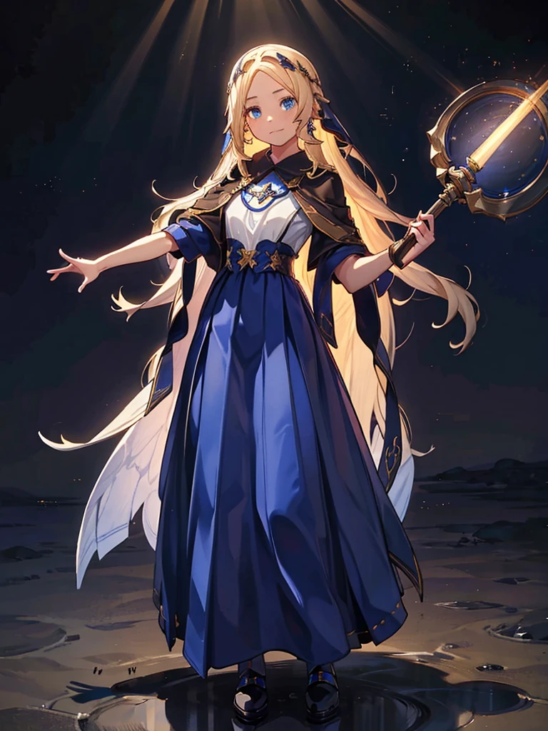 Black background with spotlight, fantasy class,saint, Clear lines,flin color, One person,holy, Blonde,Medium Hair,floining hair, blue eyes, Blue Earrings, 白いholyドレス,long heavy dress, (saint holy hin:0.8), Cowboy Shot,Looking_in_Audience,