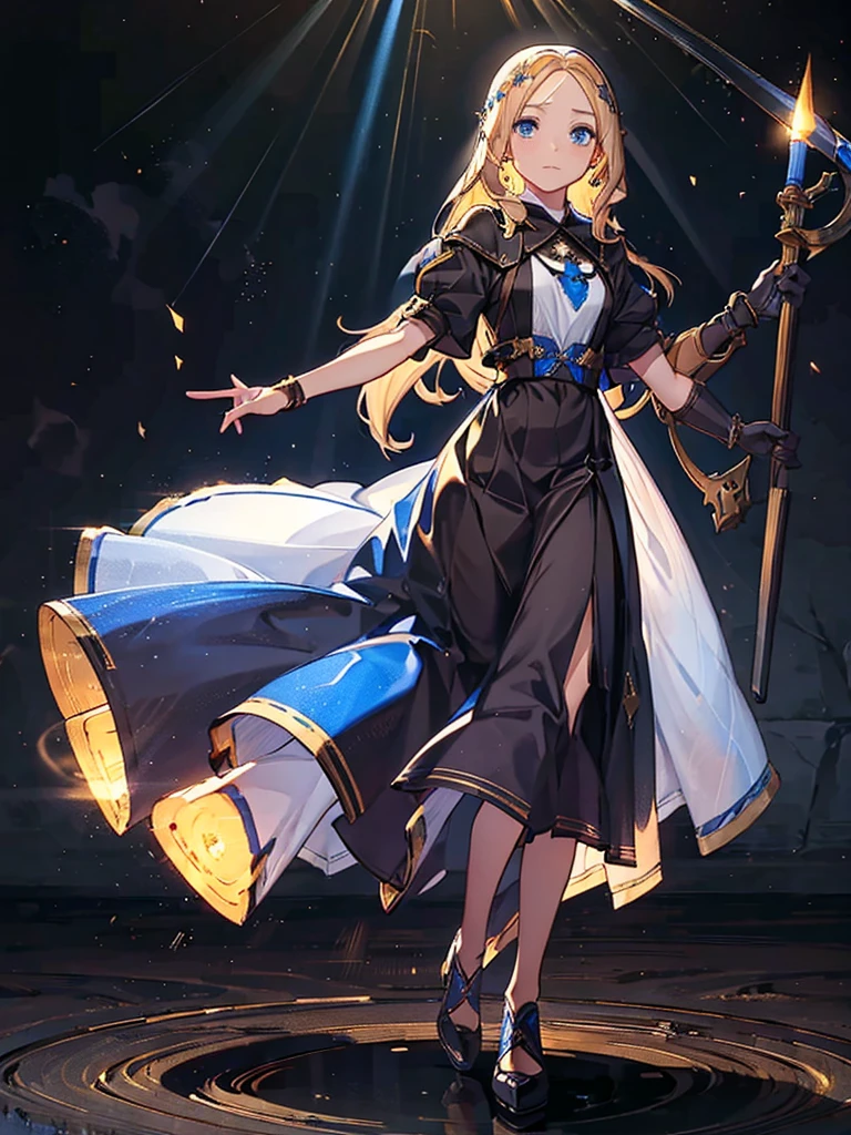 Black background with spotlight, fantasy class,saint, Clear lines,flin color, One person,holy, Blonde,Medium Hair,floining hair, blue eyes, Blue Earrings, 白いholyドレス,long heavy dress, (saint holy hin:0.8), Cowboy Shot,Looking_in_Audience,