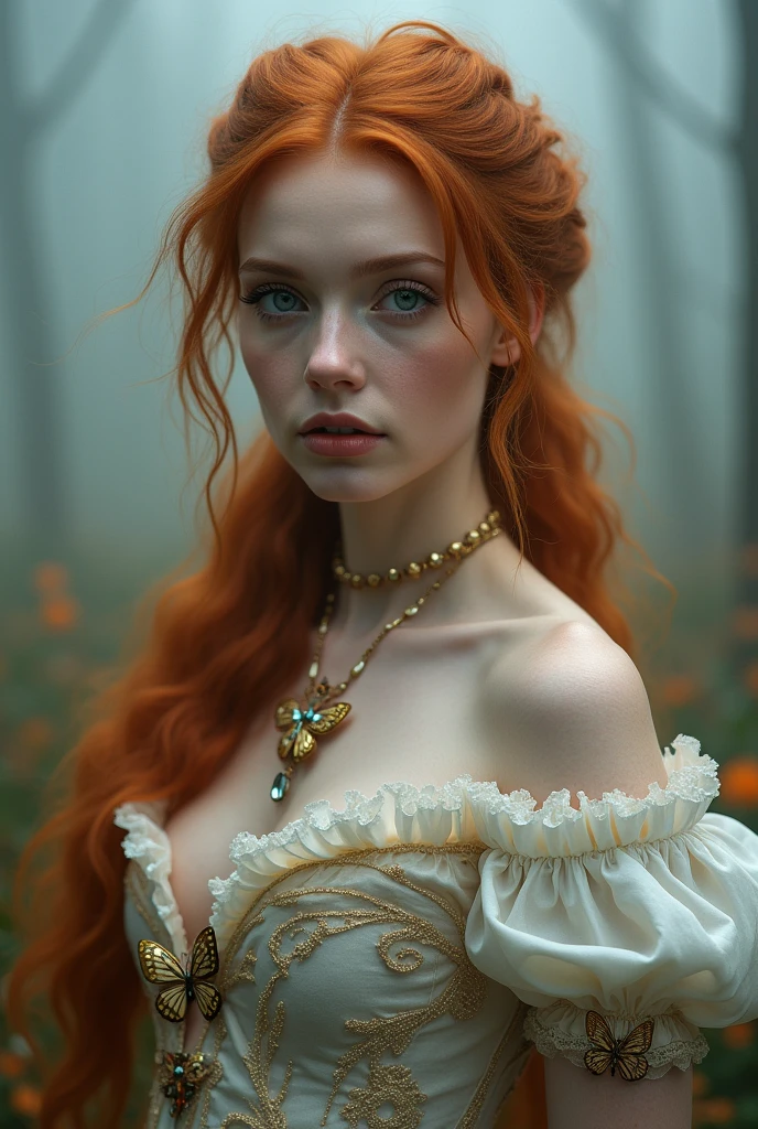 (solo, full body photo:1.3), (action packed:1.3), (haze, fog, mist:1.3), chiaroscuro, best quality, photorealistic, 1woman, (cute), (24yo:1.2), redhead, long ginger hair highly detailed, 1700'S, digital photography, art by artgerm and ruan jia and greg rutkowski surreal painting gold butterfly filigree, broken glass, (masterpiece, sidelighting, finely detailed Fashionable eyes: 1.2) (perfect oval large eyes that gazes at the viewer), beautiful detailed face, blue gorgeous perfect eyes, (blonde hair ponytail), (attractive young woman:1.3), (thick amazing hair), (seductive:1.1), (blushing:1.1)