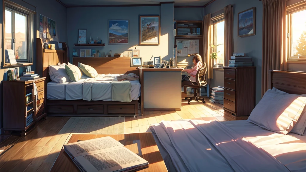 Create a scene of a cozy bedroom in the evening light, with a young woman sitting on the bed, surrounded by soft pillows and blankets. She is drawing in a notebook, with a laptop beside her playing lofi music. The window is open, letting in a gentle breeze and the golden light of the sunset, creating a feeling of comfort and inspiration