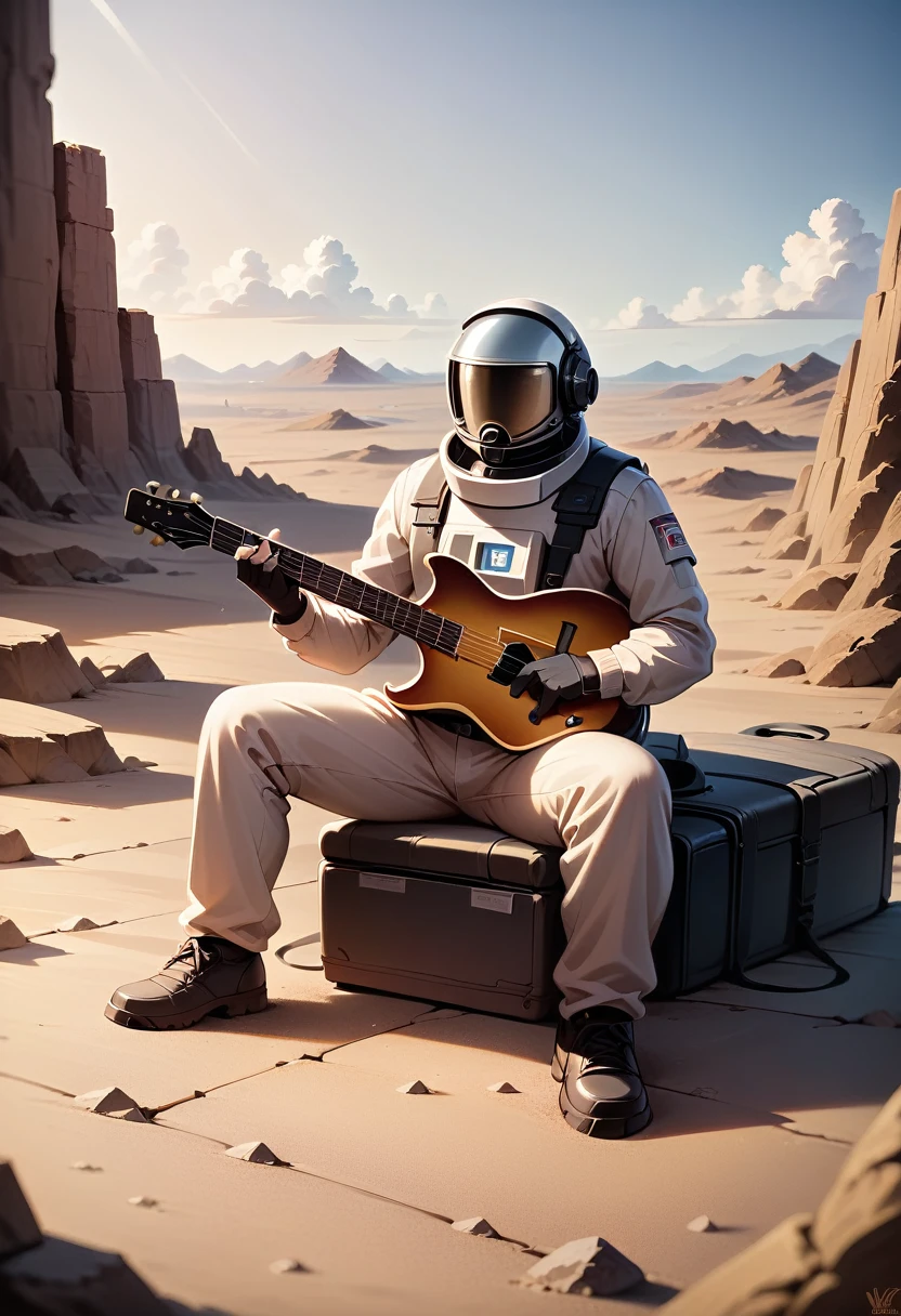 ASTRONAUT COWBOY PLAYING ELECTRIC GUITAR IN THE DESERT AT SITTING ON AN AMPLIFIER, Stable diffusion prompt, high qulity, 4K resolution, current, vivd colour, profesional lighting, digitial painting, line sleek, Vector