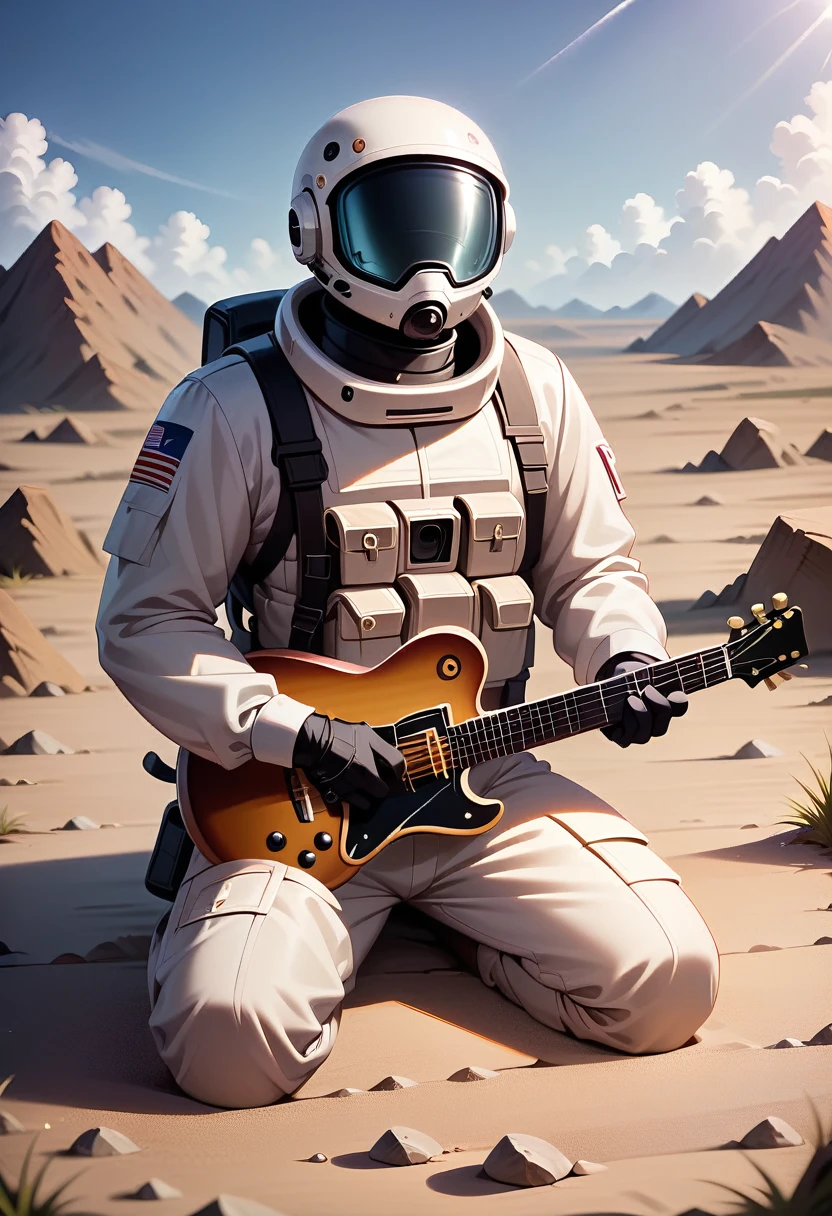 ASTRONAUT COWBOY PLAYING ELECTRIC GUITAR IN THE DESERT AT SITTING ON AN AMPLIFIER, Stable diffusion prompt, high qulity, 4K resolution, current, vivd colour, profesional lighting, digitial painting, line sleek, Vector
