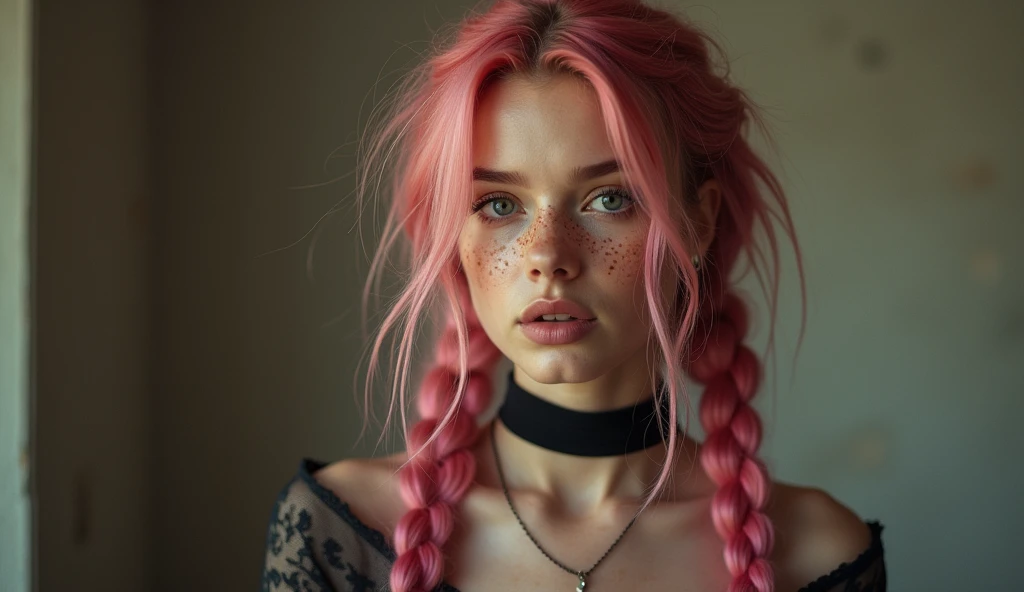 (Realisttic:1.2), analog photo style, Beautiful young woman, posing, with freckles and long pink hair braided, (modern ambient atmosphere), soft natural light, cute and sexy, great quality, Masterpiece, detailed strange background, better performance, 16k quality, RAW photo, sexy clothes, sexy choker, black choker, clevage, big tits, big fat tits, round tits, masive tits, giant tits, 