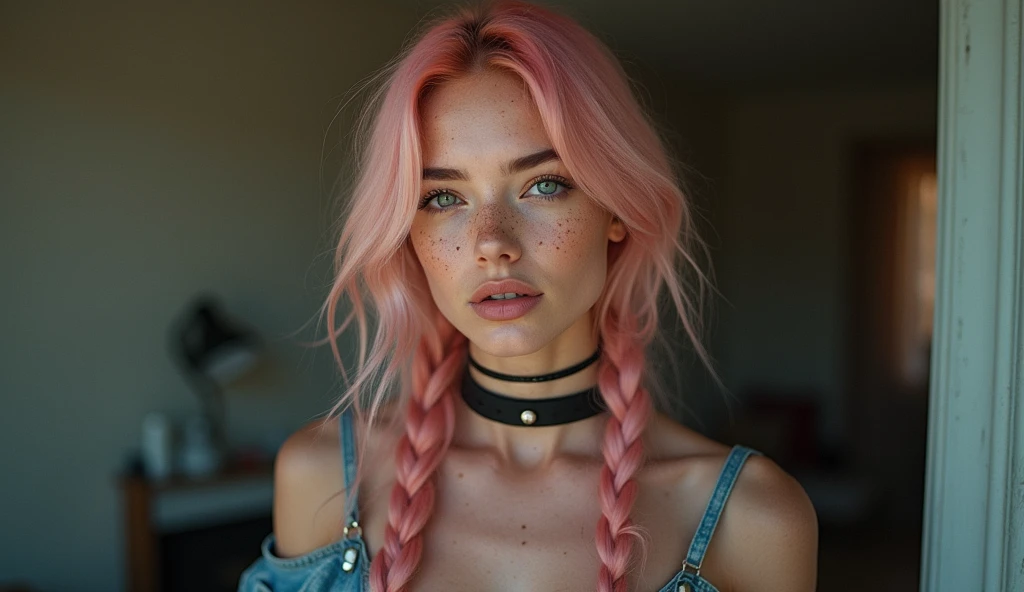 (Realisttic:1.2), analog photo style, Beautiful young woman, posing, with freckles and long pink hair braided, (modern ambient atmosphere), soft natural light, cute and sexy, great quality, Masterpiece, detailed strange background, better performance, 16k quality, RAW photo, sexy clothes, sexy choker, black choker, clevage, big tits, big fat tits, round tits, masive tits, giant tits, 