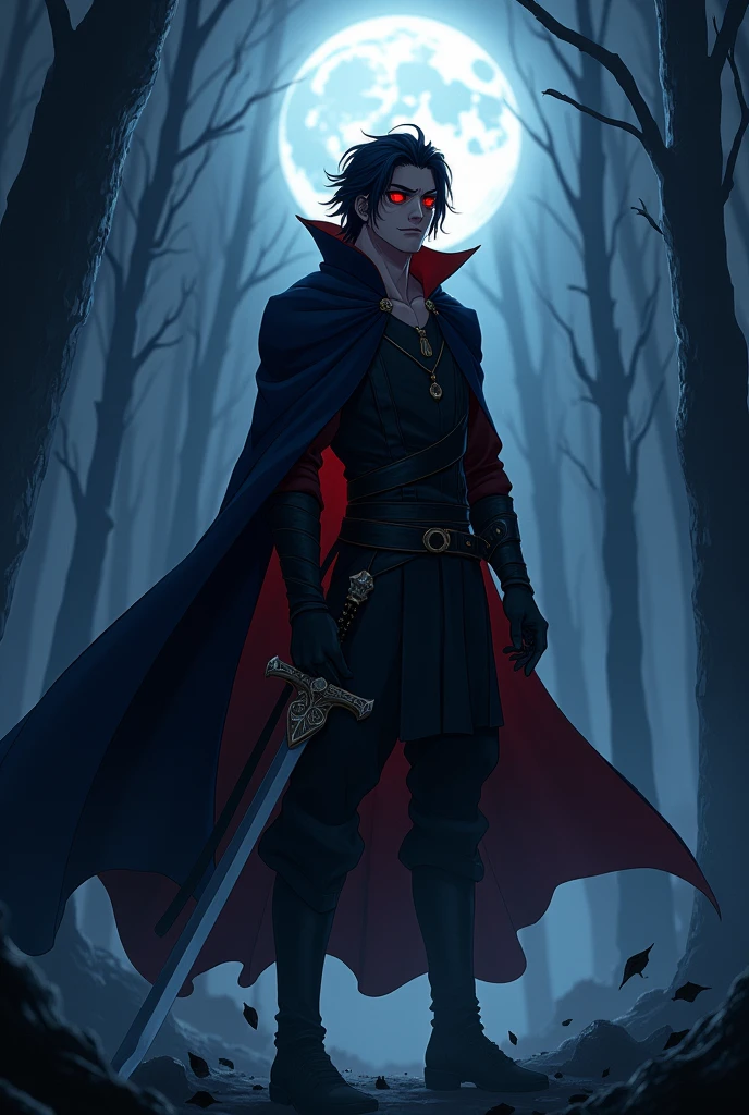create an anime style image of a very handsome roguish man with a mysterious expression, dark cloak, a Rapier in hand, jet black hair, scarlet eyes, defined body, outside chest