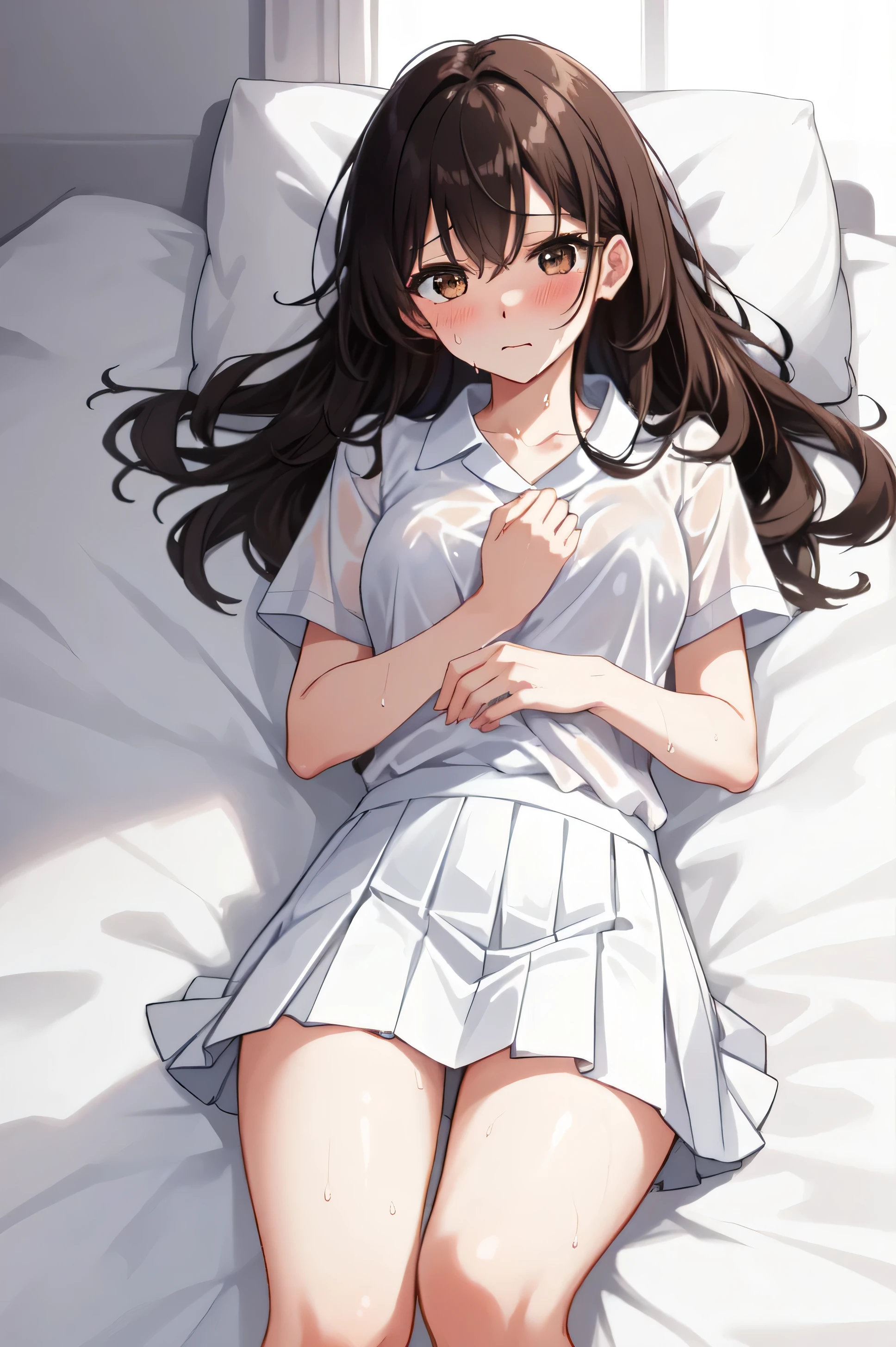 masterpiece, Highest quality, A scene from a movie, Photographed from the front, White sheets, (Midnight Bedroom),, beautiful girl, (Lying, ), , ((Red cheeks)), ((Very detailed)), (8k), Highest quality, (beautiful), beautiful girl, Detailed eyes , (Droopy eyes,eyelash), high school student, , beautiful, Beautiful face, ((Embarrassed expression, joy, joy)), Slender body, ((Mid-chest, Beautiful breastsのライン, )), Medium Hair, (Brown Hair, Wet), whole body, (Sweat, blush, ), Beautiful breasts, (White shirt, See through, Short sleeve, ),Pleated skirt, Lying in bed, White sheets,pillow, My heart is pounding, First experience night, Waiting for a boyfriend、 doing something very embarrassing, was happy, Sexy look, ((Breathtaking, joy)), Sexy pose, The climax, Expressions of joy, Sexy beautiful girl, erotic, Breathtaking, trembling,