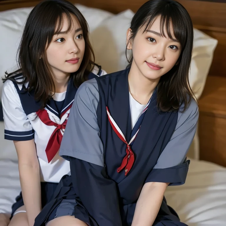 (Masterpiece, Best quality:1.4), (Ultra realistic, Photo-realistic:1.2), Natural light, 25 years old actress, Japanese women, Neat and clean, (school uniform, sailor suit, short sleeve suit, traditional Japanese style with white and navy blue colors, detailed red ribbon and navy blue pleated skirt:1.2), (Ponytail:1.2), Short wavy hair, Light brown hair color, (Beautiful Faces), Oval face, clear, (Beautiful eyes, Kind eyes), (Clear skin), Small face, (Small mouth), (Beautiful mouth), Natural makeup, Approachable, Luxury hotel Suite room, On bed, Seductive smile, (Seductive pose:1.2), (Beautiful thighs:1.1), (Bedroom eyes), (lesbian couple:1.1), (petting together:1.2), obscene reality of girls, (crotch rub:1.1),