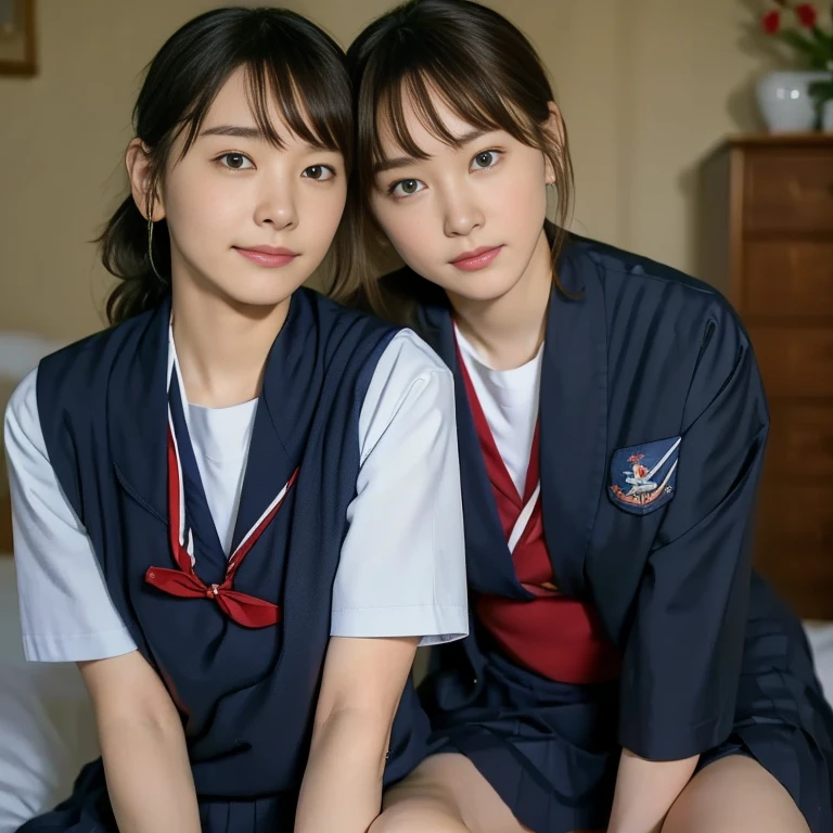 (Masterpiece, Best quality:1.4), (Ultra realistic, Photo-realistic:1.2), Natural light, 25 years old actress, Japanese women, Neat and clean, (school uniform, sailor suit, short sleeve suit, traditional Japanese style with white and navy blue colors, detailed red ribbon and navy blue pleated skirt:1.2), (Ponytail:1.2), Short wavy hair, Light brown hair color, (Beautiful Faces), Oval face, clear, (Beautiful eyes, Kind eyes), (Clear skin), Small face, (Small mouth), (Beautiful mouth), Natural makeup, Approachable, Luxury hotel Suite room, On bed, Seductive smile, (Seductive pose:1.2), (Beautiful thighs:1.1), (Bedroom eyes), (lesbian couple:1.1), (petting together:1.2), obscene reality of girls, (crotch rub:1.1),