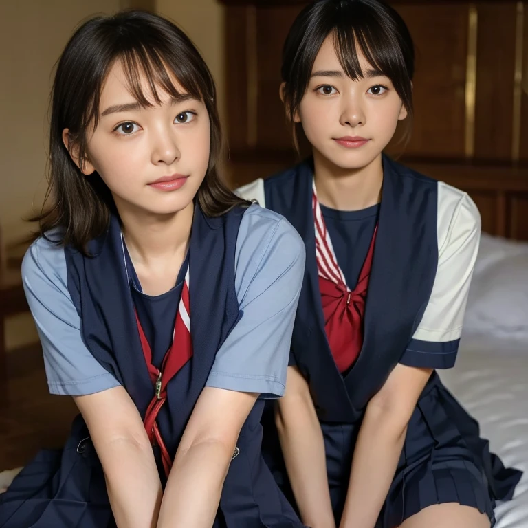 (Masterpiece, Best quality:1.4), (Ultra realistic, Photo-realistic:1.2), Natural light, 25 years old actress, Japanese women, Neat and clean, (school uniform, sailor suit, short sleeve suit, traditional Japanese style with white and navy blue colors, detailed red ribbon and navy blue pleated skirt:1.2), (Ponytail:1.2), Short wavy hair, Light brown hair color, (Beautiful Faces), Oval face, clear, (Beautiful eyes, Kind eyes), (Clear skin), Small face, (Small mouth), (Beautiful mouth), Natural makeup, Approachable, Luxury hotel Suite room, On bed, Seductive smile, (Seductive pose:1.2), (Beautiful thighs:1.1), (Bedroom eyes), (lesbian couple:1.1), (petting together:1.2), obscene reality of girls, (crotch rub:1.1),
