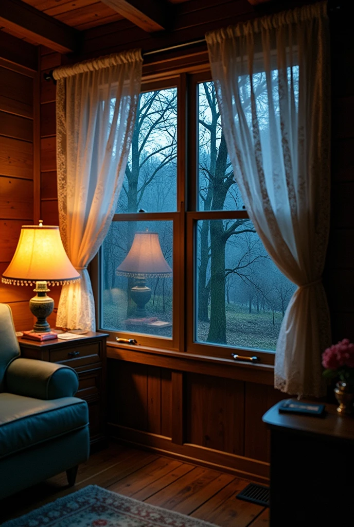 A view from inside a house with a window, and outside the window a dark forest

