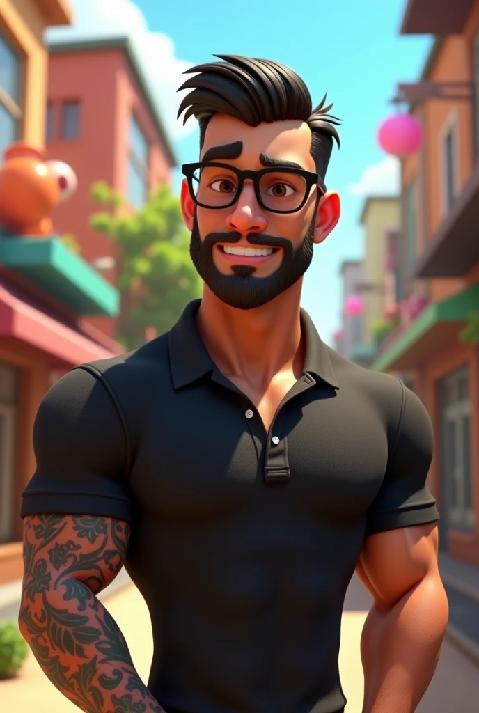 Cartoon character of a man with black glasses and a black polo shirt, straight hair, With a beard and an old school tattoo on his arm., animation character, stylized character, animation style rendering, 3D stylized, Arnold Maya rendering, Render 3D stylized, Toon render keyshot, 3D character, 3D character, Stylized 3D rendering, 3d character rendering, cartoon character, Close-up character, Character pose, (pixar style) (master part:1.2) (bokeh) (Best Quality) (detailed skin) (detailed texture) (8k) (clay) (cinematic lighting) (sharp focus