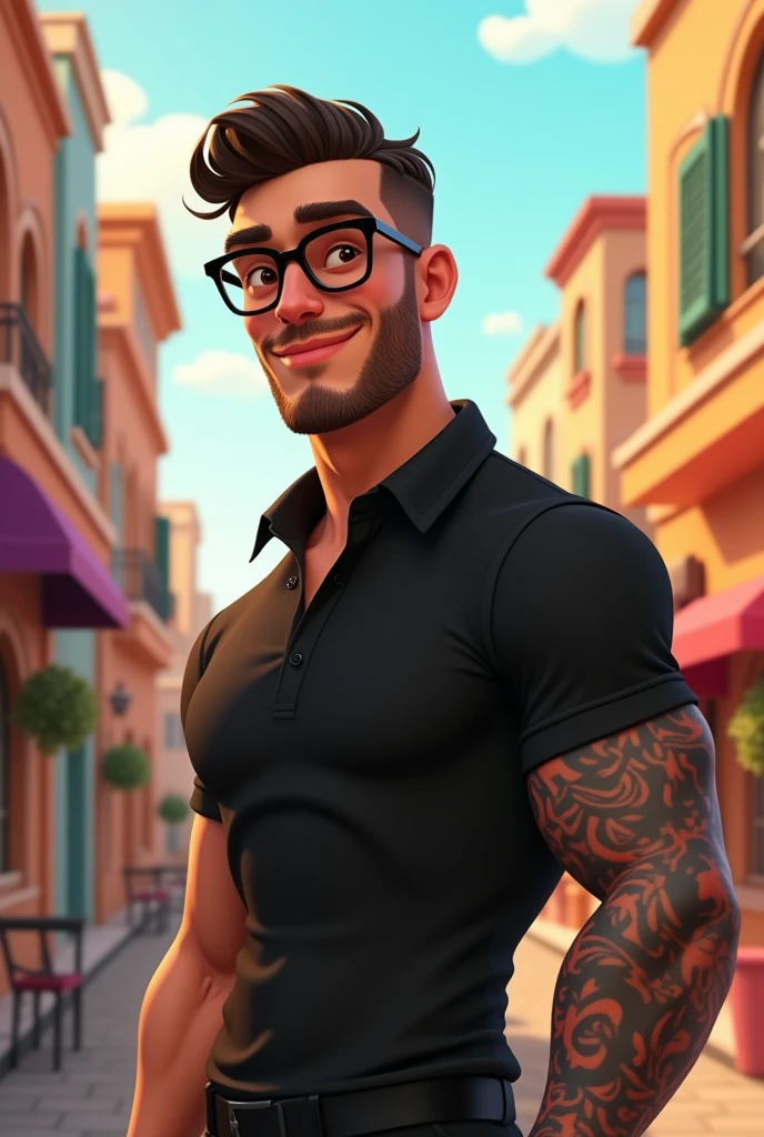 Cartoon character of a man with black glasses and a black polo shirt, straight hair, With a beard and an old school tattoo on his arm., animation character, stylized character, animation style rendering, 3D stylized, Arnold Maya rendering, Render 3D stylized, Toon render keyshot, 3D character, 3D character, Stylized 3D rendering, 3d character rendering, cartoon character, Close-up character, Character pose,  (pixar style) (master part:1.2) (bokeh) (Best Quality) (detailed skin) (detailed texture) (8k) (clay) (cinematic lighting) (sharp focus