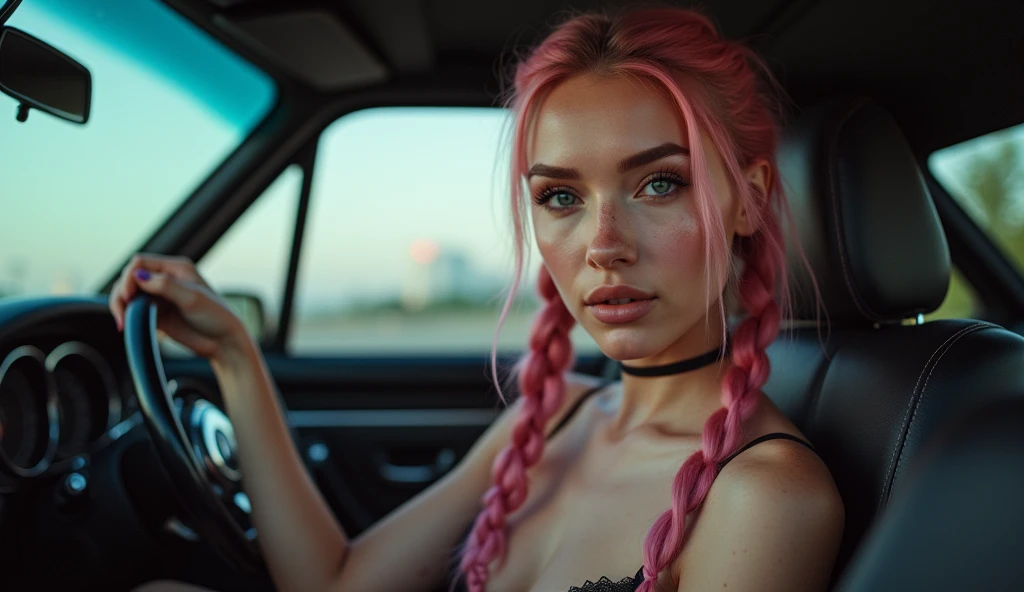 (Realisttic:1.2), analog photo style, Beautiful young woman, posing, with freckles and long pink hair braided, (modern ambient atmosphere), soft natural light, cute and sexy, great quality, Masterpiece, detailed strange background, better performance, 16k quality, RAW photo, sexy clothes, sexy choker, black choker, sitting in a luxury car