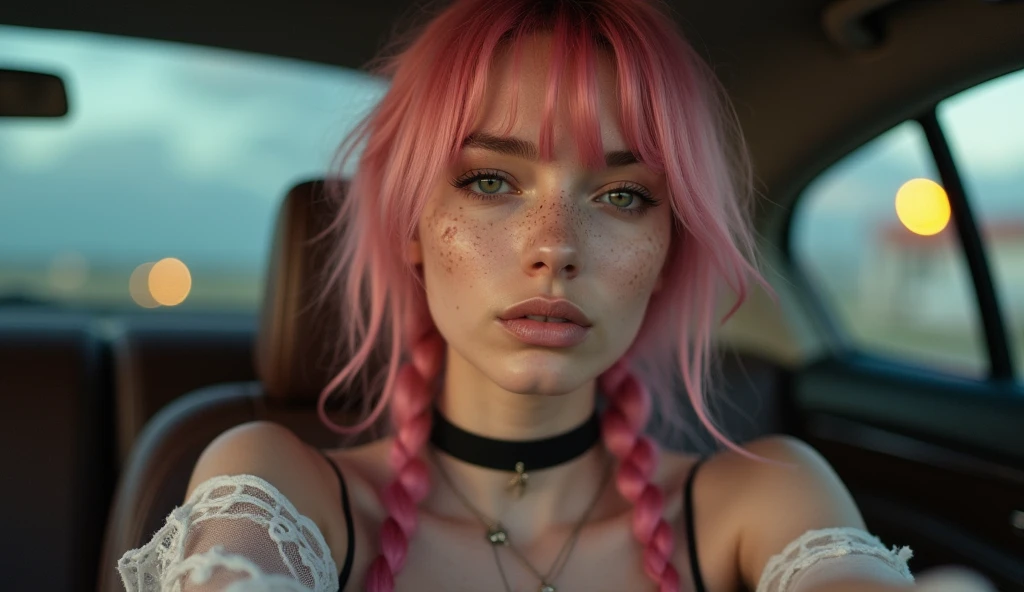 (Realisttic:1.2), analog photo style, Beautiful young woman, posing, with freckles and long pink hair braided, (modern ambient atmosphere), soft natural light, cute and sexy, great quality, Masterpiece, detailed strange background, better performance, 16k quality, RAW photo, sexy clothes, sexy choker, black choker, sitting in a luxury car