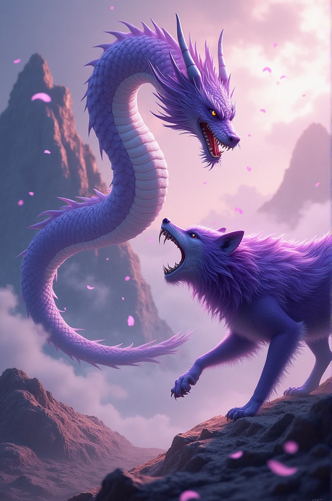 Make a purple Chinese dragon fighting a purple wolf
