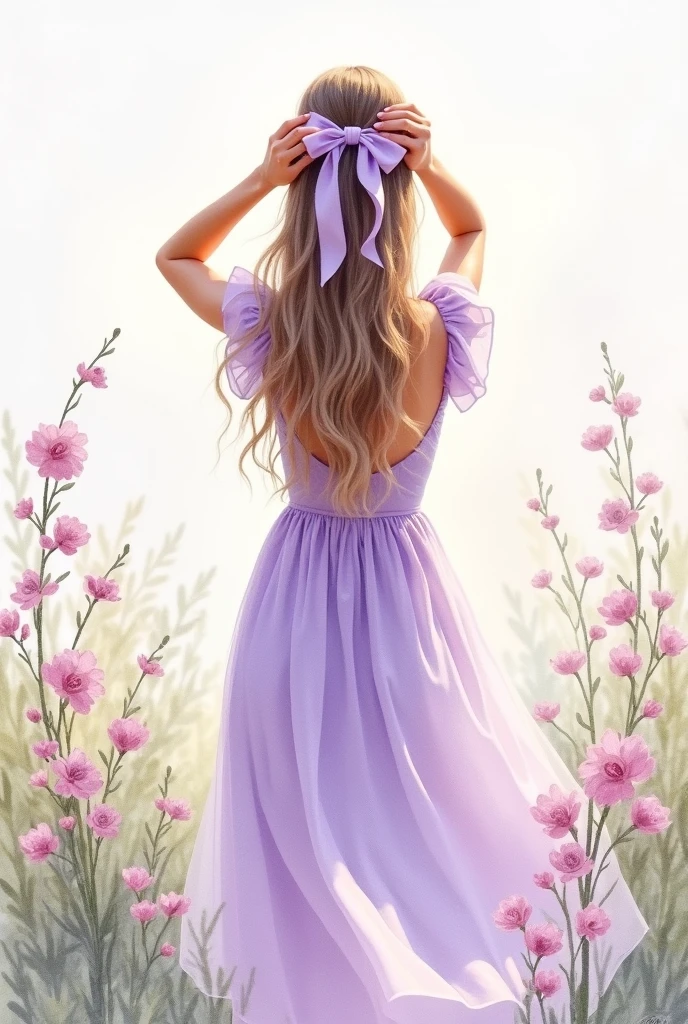 Watercolor image of a woman from behind with long, loose hair with her hands behind her back placing a lilac bow in the middle of her head wearing a lilac dress