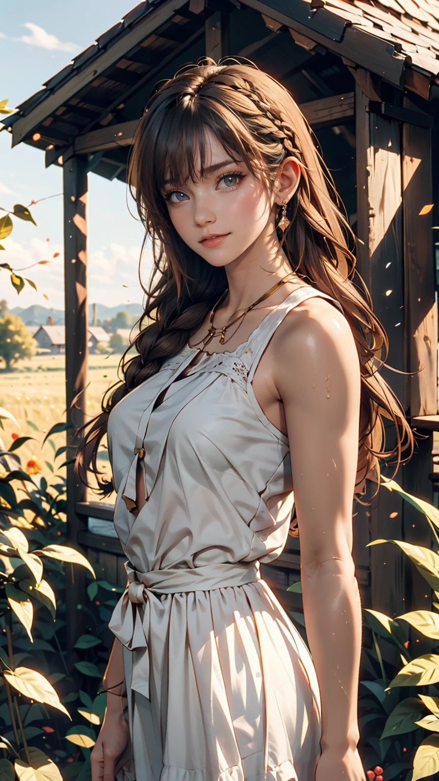 One person, 20-year-old, Tall and attractive, Wearing a cute country dress, Braided hair, Standing on a rural farm. She's gentle, A kind smile and expressive eyes. A charming barn can be seen in the background., Golden wheat fields and clear blue skies. The composition should be bathed in warm golden hour light., The soft depth of field and soft bokeh accentuate the idyllic tranquility.. Capture images that look like they were shot on vintage 35mm film for added impact, movie,