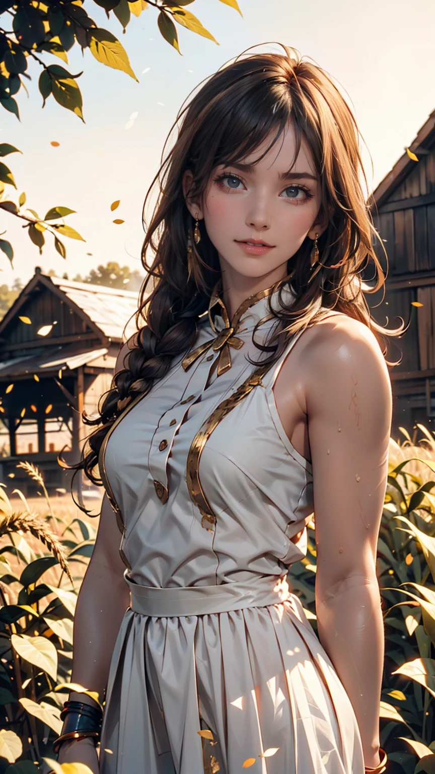 One person, 20-year-old, Tall and attractive, Wearing a cute country dress, Braided hair, Standing on a rural farm. She's gentle, A kind smile and expressive eyes. A charming barn can be seen in the background., Golden wheat fields and clear blue skies. The composition should be bathed in warm golden hour light., The soft depth of field and soft bokeh accentuate the idyllic tranquility.. Capture images that look like they were shot on vintage 35mm film for added impact, movie,