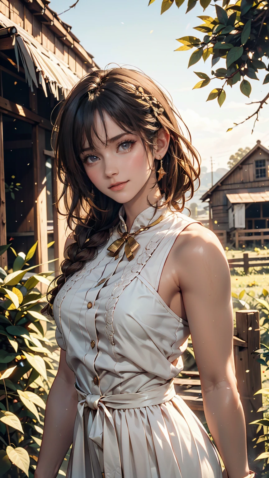 One person, 20-year-old, Tall and attractive, Wearing a cute country dress, Braided hair, Standing on a rural farm. She's gentle, A kind smile and expressive eyes. A charming barn can be seen in the background., Golden wheat fields and clear blue skies. The composition should be bathed in warm golden hour light., The soft depth of field and soft bokeh accentuate the idyllic tranquility.. Capture images that look like they were shot on vintage 35mm film for added impact, movie,