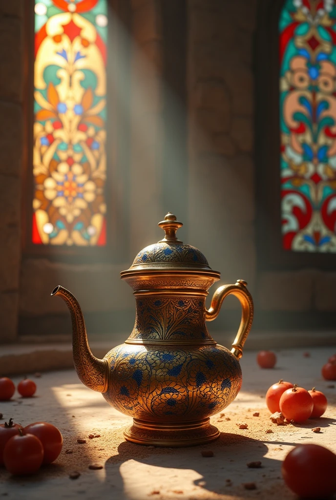 Create a digital artwork that captures the essence of Byzantine art. It features a cezve, a traditional Turkish coffee pot. The cezve is crafted from mosaics with a gold coating. It is designed for coffee preparation in hot sand, where ultra-fine coffee grounds are infused. The design is traditional, resembling the simplest Turkish coffee pots, with an open pot and no lid—like a small pan with a long handle on the top to hold while the coffee and water are boiled until they form a kind of foam. The setting is serene and religious, reminiscent of sepulchers.
