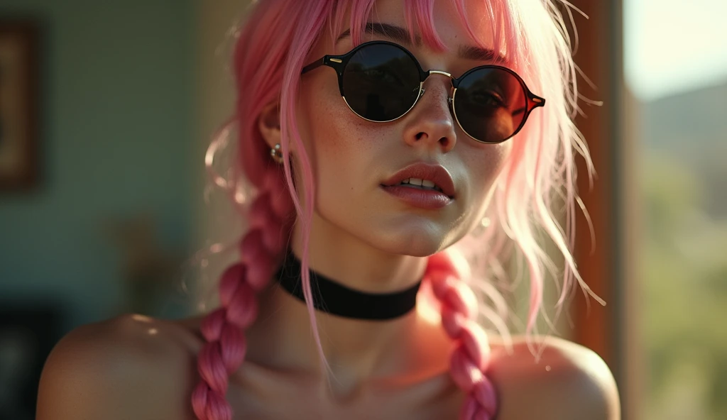 (Realisttic:1.2), analog photo style, Beautiful young woman, posing, with freckles and long pink hair braided, (modern ambient atmosphere), soft natural light, cute and sexy, great quality, Masterpiece, detailed strange background, better performance, 16k quality, RAW photo, sexy clothes, sexy choker, black choker, clevage, big tits, big fat tits, round tits, masive tits, giant tits, sunglasses, woman sunglasses, brown sunglasses