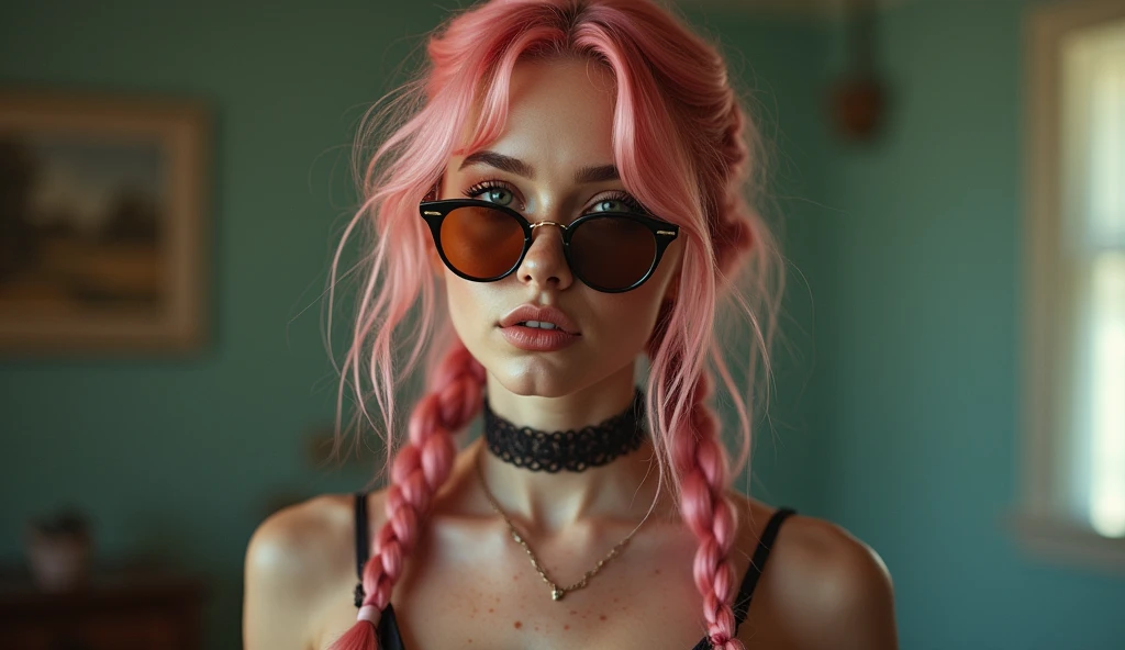 (Realisttic:1.2), analog photo style, Beautiful young woman, posing, with freckles and long pink hair braided, (modern ambient atmosphere), soft natural light, cute and sexy, great quality, Masterpiece, detailed strange background, better performance, 16k quality, RAW photo, sexy clothes, sexy choker, black choker, clevage, big tits, big fat tits, round tits, masive tits, giant tits, sunglasses, woman sunglasses, brown sunglasses
