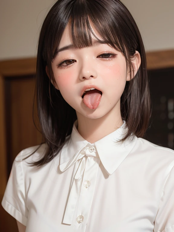 (masterpiece:1.3)、Very nice finish、(High resolution、8k:1.3)、(Highest quality、Ultra-realistic as a photo:1.5)、Sharp focus, 超High resolutionの顔、Eyes are symmetrical:1.3、High quality and beautiful skin、Firm Skin、Image of 1 person, ((10 years old))、((White tight business blouse with collar))、(White bow tie blouse)),(very cute、Amazing beautiful girl)、Natural Makeup, Glossy Lips、Wet eyes:1.3,, Embarrassing:1.3、(Bobcut),(Sticking out tongue:1.5),(Upper body shot:1.7),(Please open your mouth wide:1.5)、(Wrinkles between the eyebrows:1.4)、(Scared expression:1.8)、(Please close your eyes completely:1.8),(single eyelid:1.5),(Blushing:1.5),(Let your bangs hang down:1.7)、Low contrast lighting、(The top of your head fits in the frame:1.4)