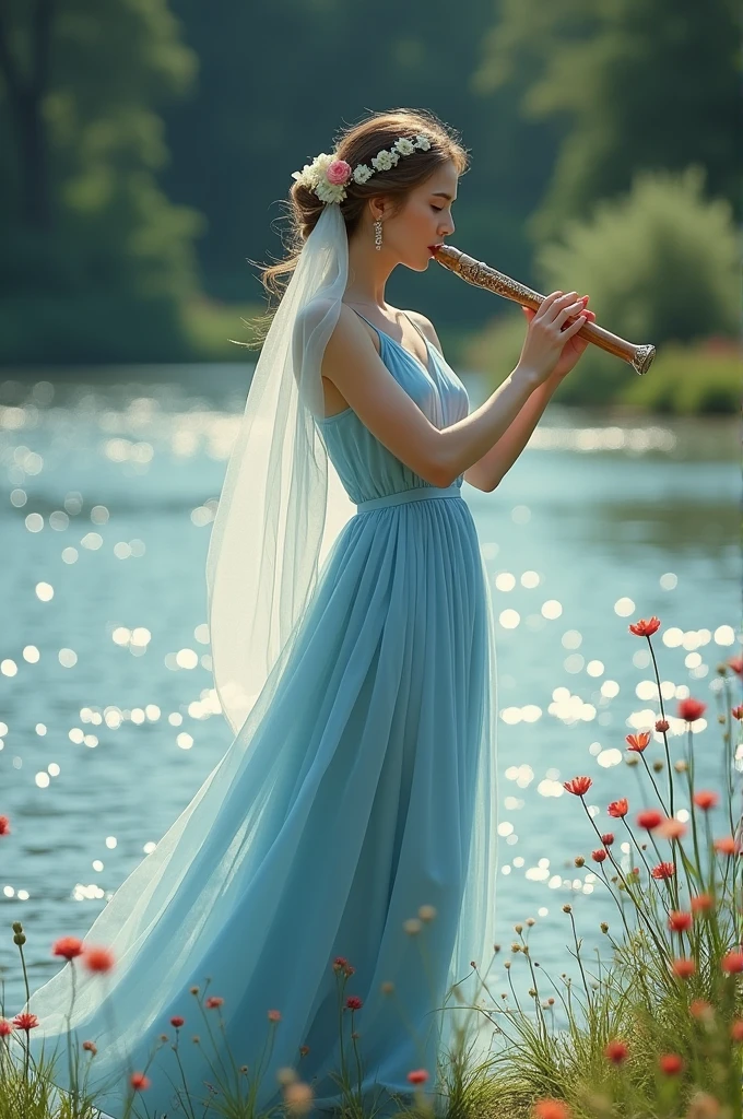 a woman in a blue dress playing a flute on a river bank with a veil on her head and a veil on her head, Ella Guru, aestheticism, serene, a pastel