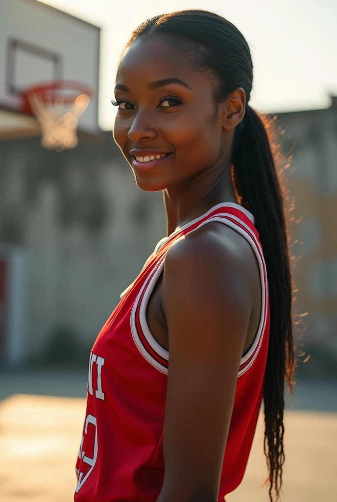 (masterpiece,highest quality,超A high resolution),nigerian woman, (((Very beautiful 25 year old girl))), pretty girl、look at the photographer、 ((beautiful low ponytail)), super cute face, glossy lips, double eyelids in both eyes,natural smile、 natural makeup, long eyelashes, Shiny and smooth hair、center image, perfect limbs, perfect anatomy,(((basketball sleeveless uniform)))、,(wet with sweat),,turn around and look back