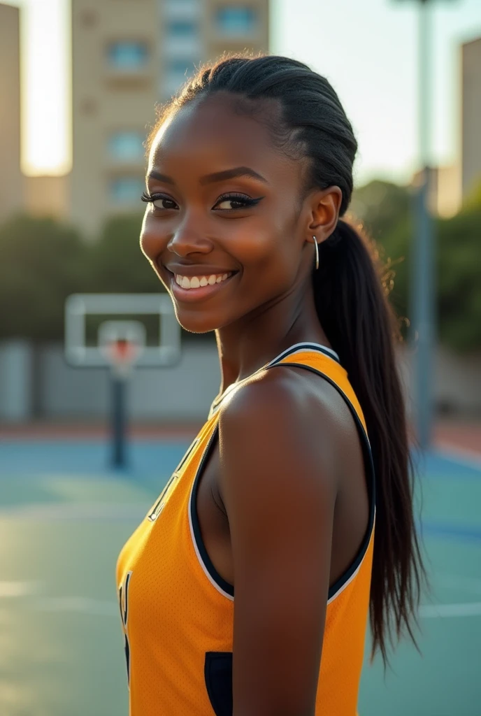 (masterpiece,highest quality,超A high resolution),nigerian woman, (((Very beautiful 25 year old girl))), pretty girl、look at the photographer、 ((beautiful low ponytail)), super cute face, glossy lips, double eyelids in both eyes,natural smile、 natural makeup, long eyelashes, Shiny and smooth hair、center image, perfect limbs, perfect anatomy,(((basketball sleeveless uniform)))、,(wet with sweat),,turn around and look back