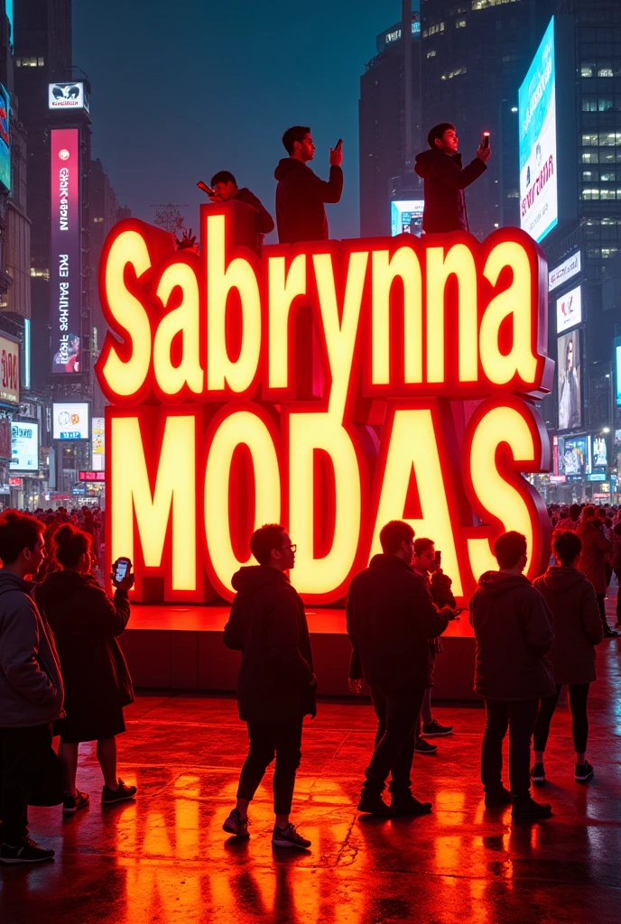 Make a large image(in the style of where is everyone on the phone standing up) of the name "Sabrynna modas" orange