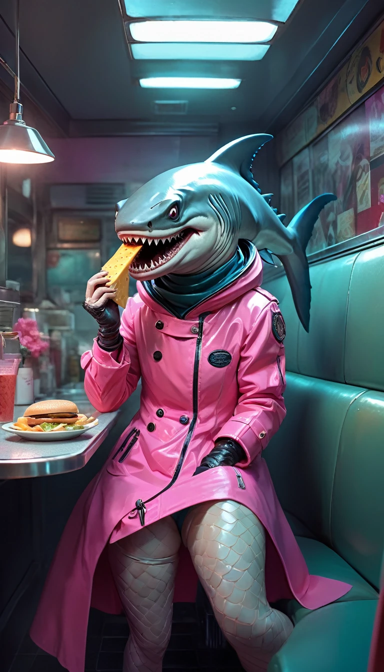 horror alien shark as (c1bo:1.6),(in a diner eating a chese burger:1.45),geometric patterns,(fish roe half face:1.6),mermaid (cyborg:1.35), (underwater:1.05), (coral reef:1.05), (liquid illumination:1.2), (synthetic transparent:1.1), transculent brain, full body, (diving:1.5), charming light, angry face, mechanical (leg:1.15), wearing a pink traranslucent raincoat,detailed eyes, highly intricate, ,