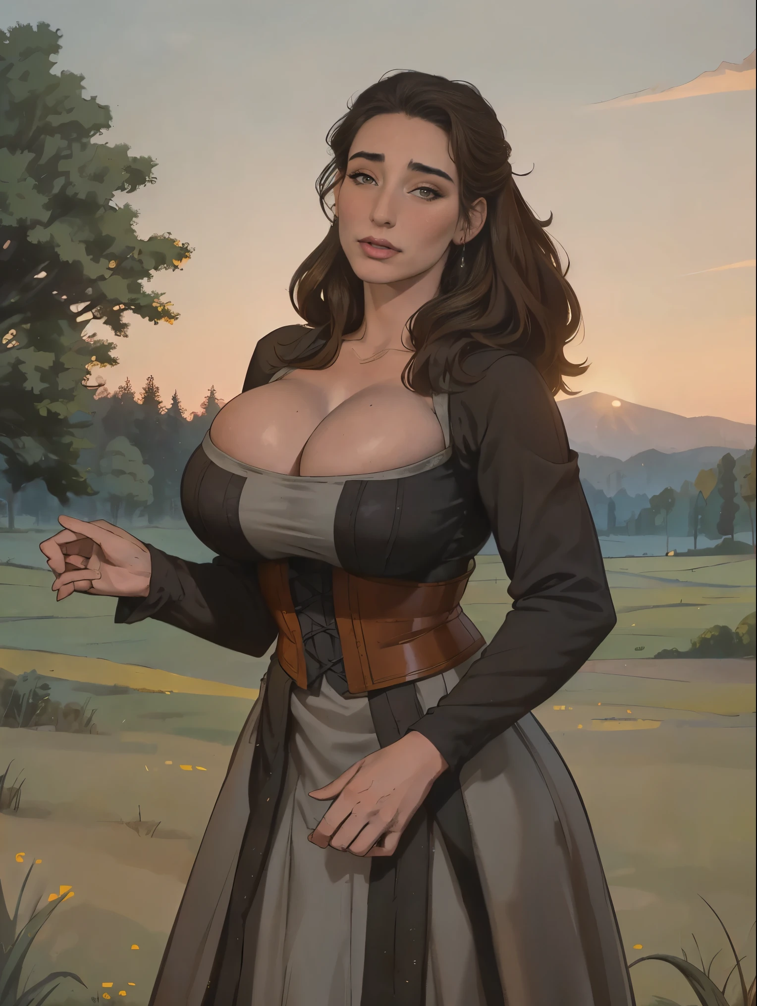 Gorgeous and sultry busty athletic (thin) brunette peasant with sharp facial features wearing a modest updo, medieval hair cover, rough-spun grey and brown medieval dress, long sleeves, wide neck, long dress, tight bodice, corset, Middle Ages, cottage, farm, exterior, trees, countryside, evening, sunset.