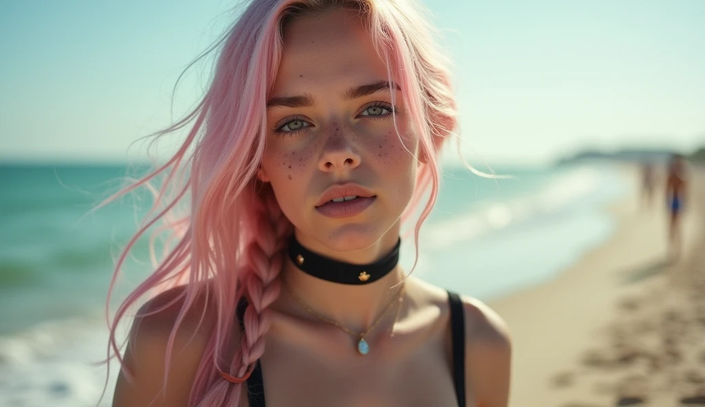 (Realisttic:1.2), analog photo style, Beautiful young woman, posing, with freckles and long pink hair braided, (modern ambient atmosphere), soft natural light, cute and sexy, great quality, Masterpiece, detailed strange background, better performance, 16k quality, RAW photo, sexy clothes, sexy choker, black choker, clevage, big tits, big fat tits, round tits, masive tits, giant tits, on the beach, sunny day, 