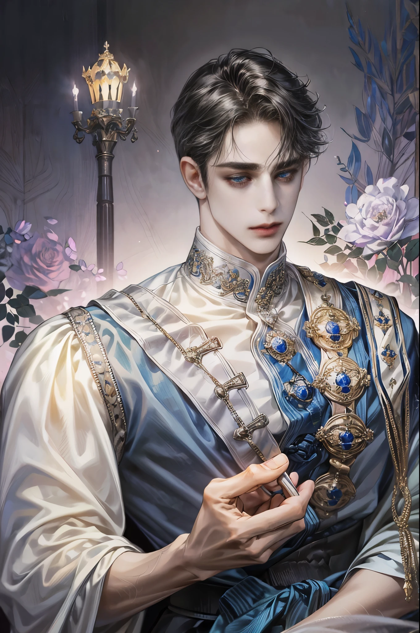a handsome prince with curly black hair,noble black uniform, blue eyes, white gloves, sat on grand blue throne,holding a rose,(best quality,4k,8k,highres,masterpiece:1.2),ultra-detailed,(realistic,photorealistic,photo-realistic:1.37),portrait,dramatic lighting,chiaroscuro,intricate details,jewel-toned colors,ornate throne,regal,majestic,manhwaartstyle