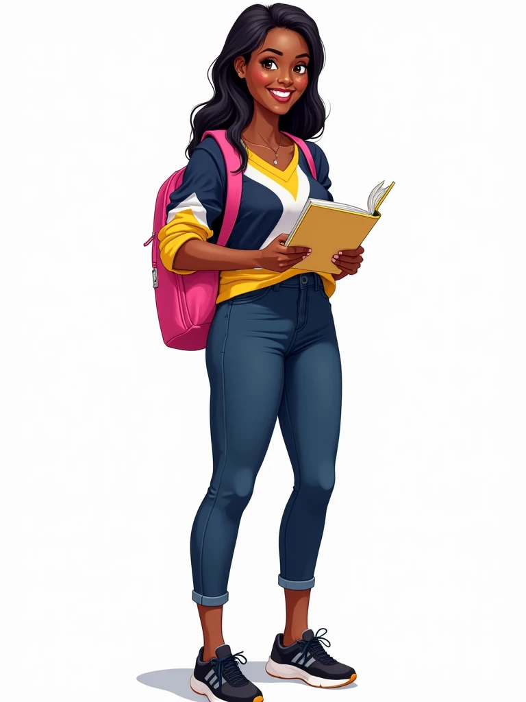 A  with dark skin, straight hair, wearing a dark blue, yellow and white blouse, dark blue pants and black sneakers. She is holding a notebook, smiling, with a pink backpack on her back, 2D style drawing, on a white background.