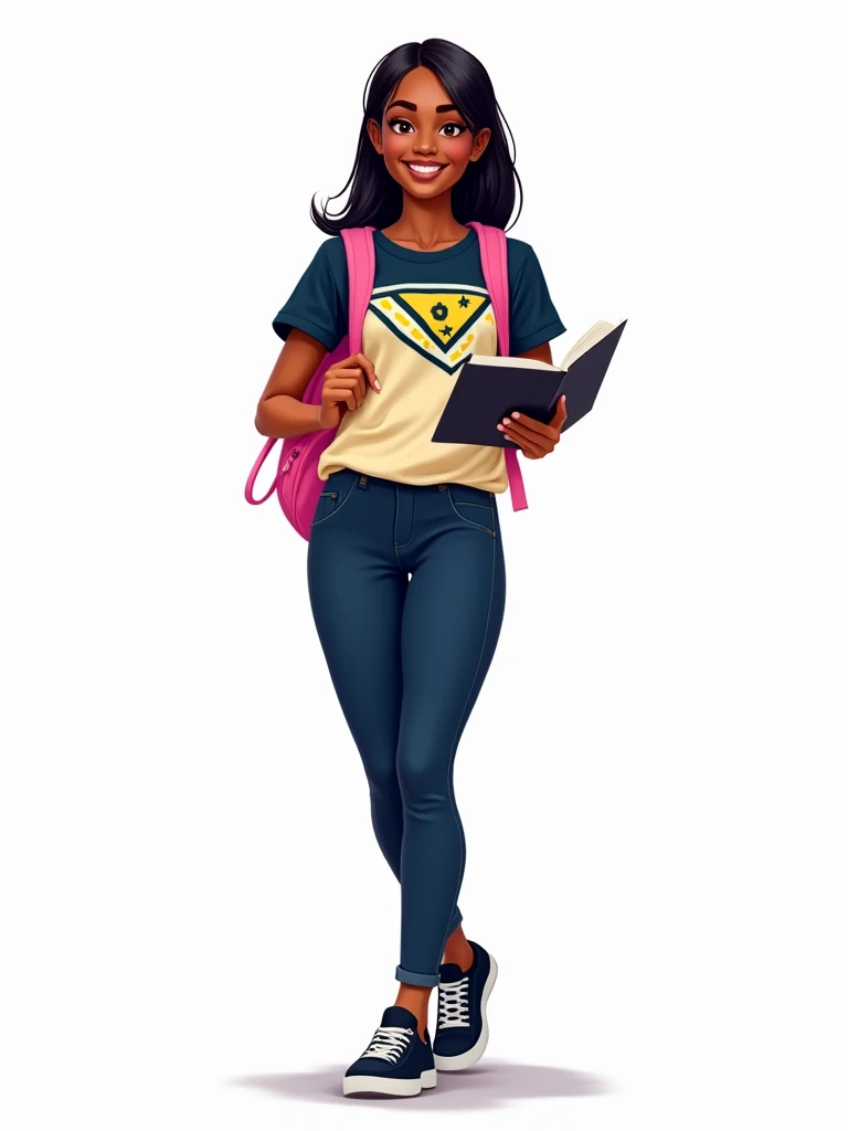 A  with dark skin, straight hair, wearing a dark blue, yellow and white blouse, dark blue pants and black sneakers. She is holding a notebook, smiling, with a pink backpack on her back, 2D style drawing, on a white background.