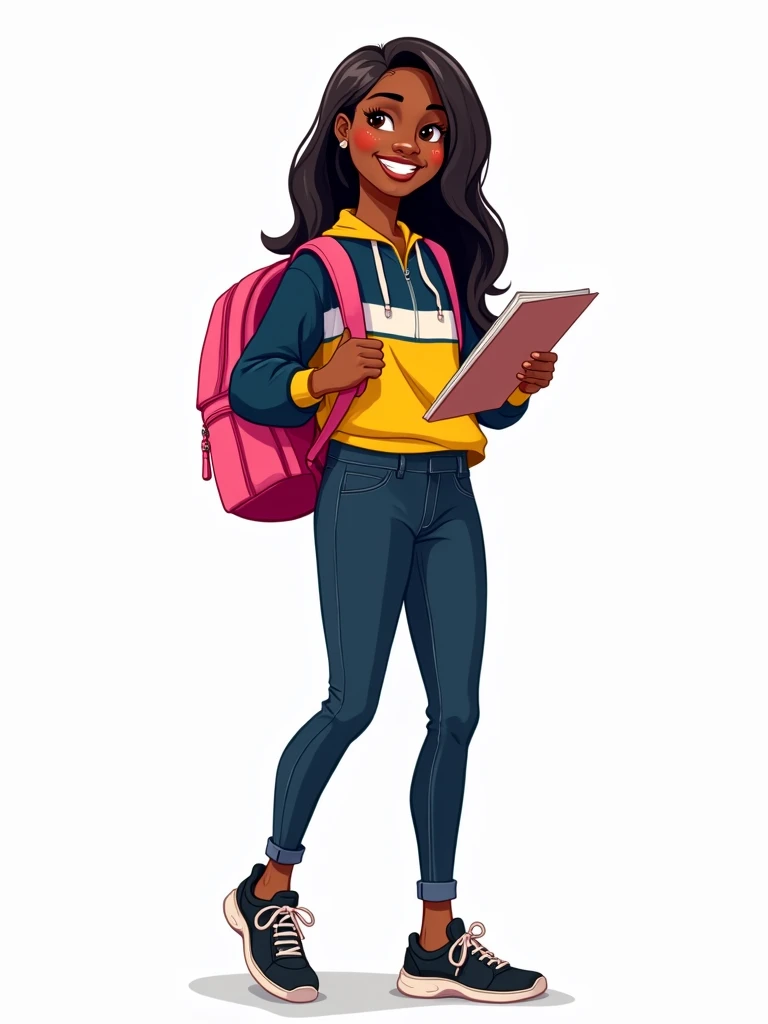 A  with dark skin, straight hair, wearing a dark blue, yellow and white blouse, dark blue pants and black sneakers. She is holding a notebook, smiling, with a pink backpack on her back, 2D style drawing, on a white background.