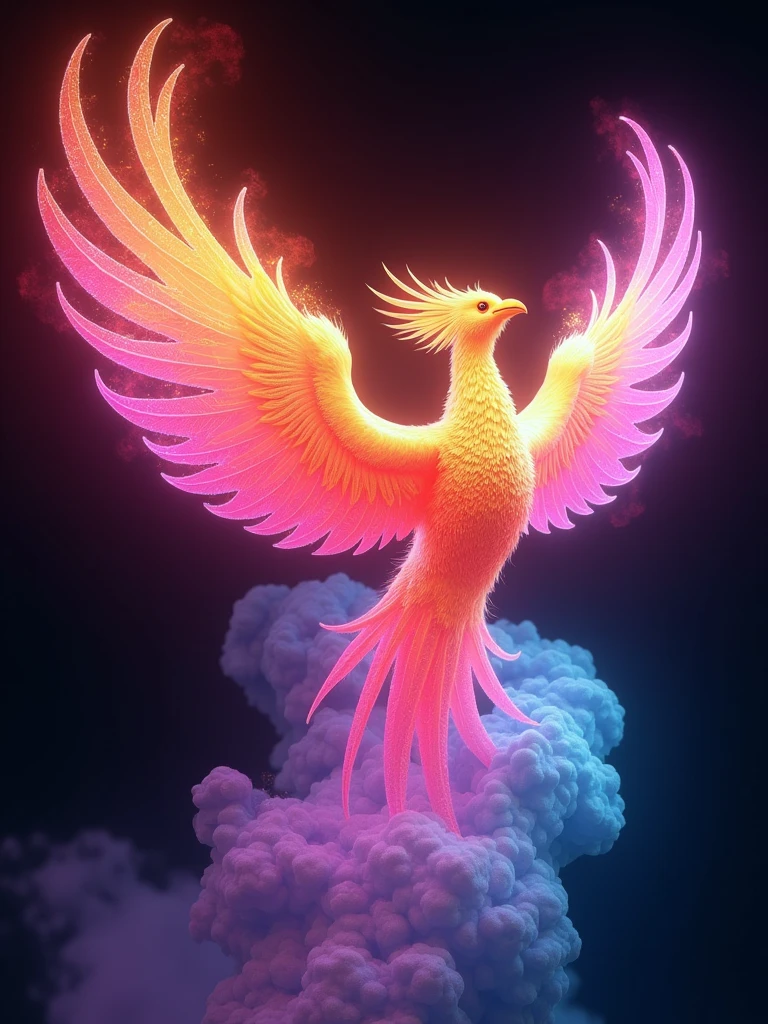 a stunningly detailed 3D render of a vibrant, glowing phoenix rising from a kaleidoscope of neon rainbow smoke, surrounded by an ethereal, crystal-like flame that radiates an otherworldly light, set against a pure black background with zero shadows, evoking the surreal quality of anime-inspired vector art, featuring an intricately designed, ornate 3D model with delicate, lace-like textures, adorned with microscopic, shimmering particles that refract light, showcasing an exaggerated, dynamic pose, bathed in a mesmerizing ring light that highlights the phoenix's majestic plumage, with a vibrant, electric color palette that blends hot pinks, electric blues, and sunshine yellows, masterfully crafted to evoke a sense of wonder and enchantment, with an intricate level of detail and realism reminiscent of Pixar and Unreal Engine productions.