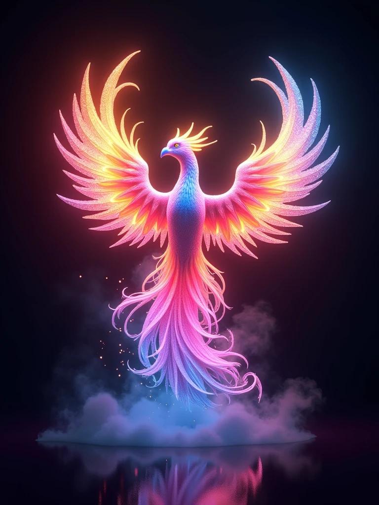 a stunningly detailed 3D render of a vibrant, glowing phoenix rising from a kaleidoscope of neon rainbow smoke, surrounded by an ethereal, crystal-like flame that radiates an otherworldly light, set against a pure black background with zero shadows, evoking the surreal quality of anime-inspired vector art, featuring an intricately designed, ornate 3D model with delicate, lace-like textures, adorned with microscopic, shimmering particles that refract light, showcasing an exaggerated, dynamic pose, bathed in a mesmerizing ring light that highlights the phoenix's majestic plumage, with a vibrant, electric color palette that blends hot pinks, electric blues, and sunshine yellows, masterfully crafted to evoke a sense of wonder and enchantment, with an intricate level of detail and realism reminiscent of Pixar and Unreal Engine productions.