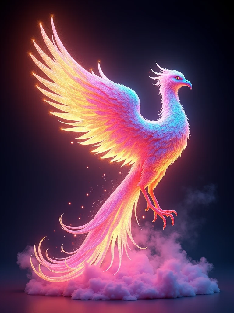 a stunningly detailed 3D render of a vibrant, glowing phoenix rising from a kaleidoscope of neon rainbow smoke, surrounded by an ethereal, crystal-like flame that radiates an otherworldly light, set against a pure black background with zero shadows, evoking the surreal quality of anime-inspired vector art, featuring an intricately designed, ornate 3D model with delicate, lace-like textures, adorned with microscopic, shimmering particles that refract light, showcasing an exaggerated, dynamic pose, bathed in a mesmerizing ring light that highlights the phoenix's majestic plumage, with a vibrant, electric color palette that blends hot pinks, electric blues, and sunshine yellows, masterfully crafted to evoke a sense of wonder and enchantment, with an intricate level of detail and realism reminiscent of Pixar and Unreal Engine productions.