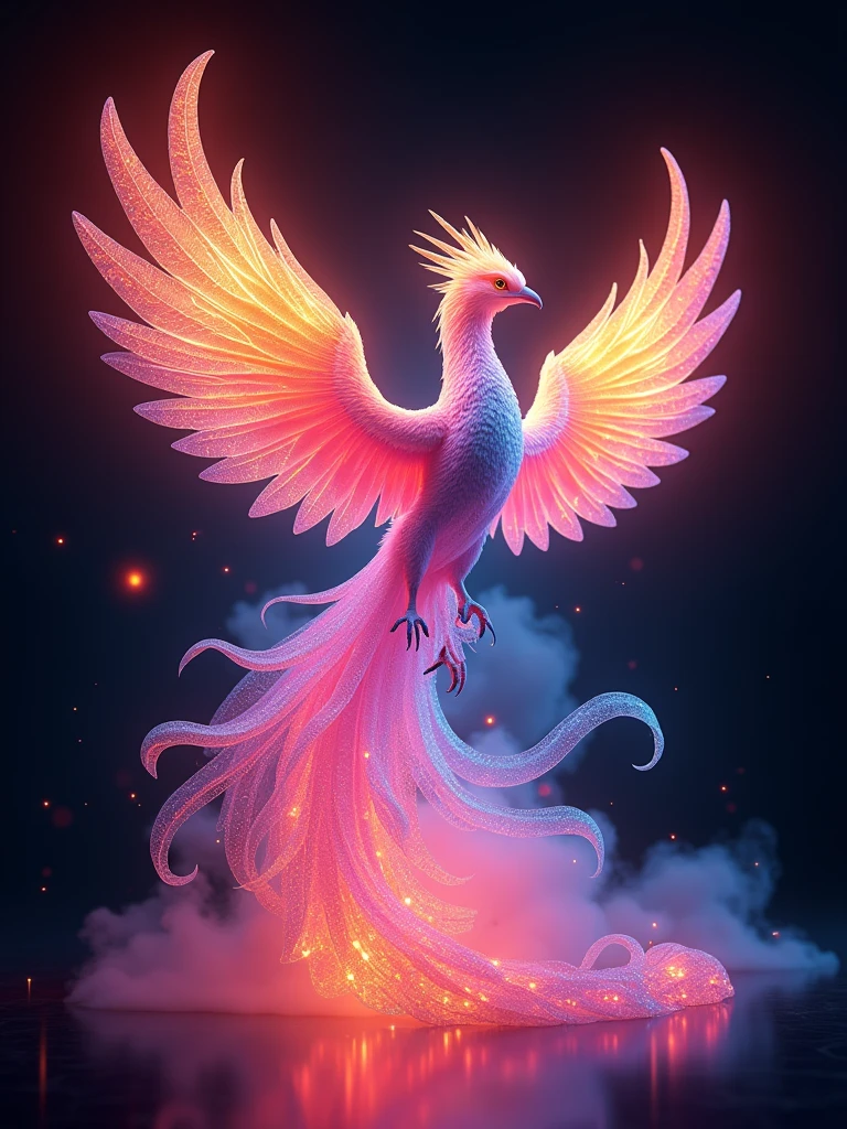 a stunningly detailed 3D render of a vibrant, glowing phoenix rising from a kaleidoscope of neon rainbow smoke, surrounded by an ethereal, crystal-like flame that radiates an otherworldly light, set against a pure black background with zero shadows, evoking the surreal quality of anime-inspired vector art, featuring an intricately designed, ornate 3D model with delicate, lace-like textures, adorned with microscopic, shimmering particles that refract light, showcasing an exaggerated, dynamic pose, bathed in a mesmerizing ring light that highlights the phoenix's majestic plumage, with a vibrant, electric color palette that blends hot pinks, electric blues, and sunshine yellows, masterfully crafted to evoke a sense of wonder and enchantment, with an intricate level of detail and realism reminiscent of Pixar and Unreal Engine productions.