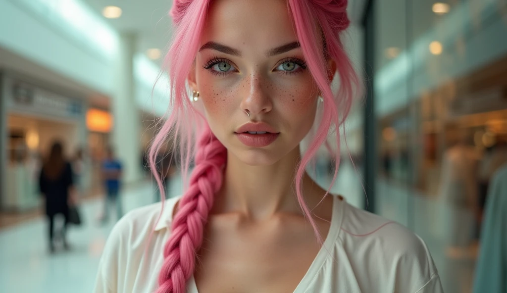 (Realisttic:1.2), analog photo style, Beautiful young woman, posing, with freckles and long pink hair braided, (modern ambient atmosphere), soft natural light, cute and sexy, great quality, Masterpiece, detailed strange background, better performance, 16k quality, RAW photo, sexy clothes, clevage, big tits, big fat tits, round tits, masive tits, giant tits, on the mall, boutique, luxury clothes, white blouse, nose piercing,