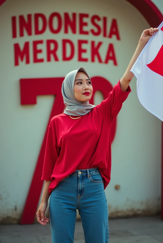 Beautiful indo women, hijab, red long t-shirt and long pants blue jeans,holding a white and red flag, and wall in the back with text "INDONESIA MERDEKA"79" and showing it to the viewer