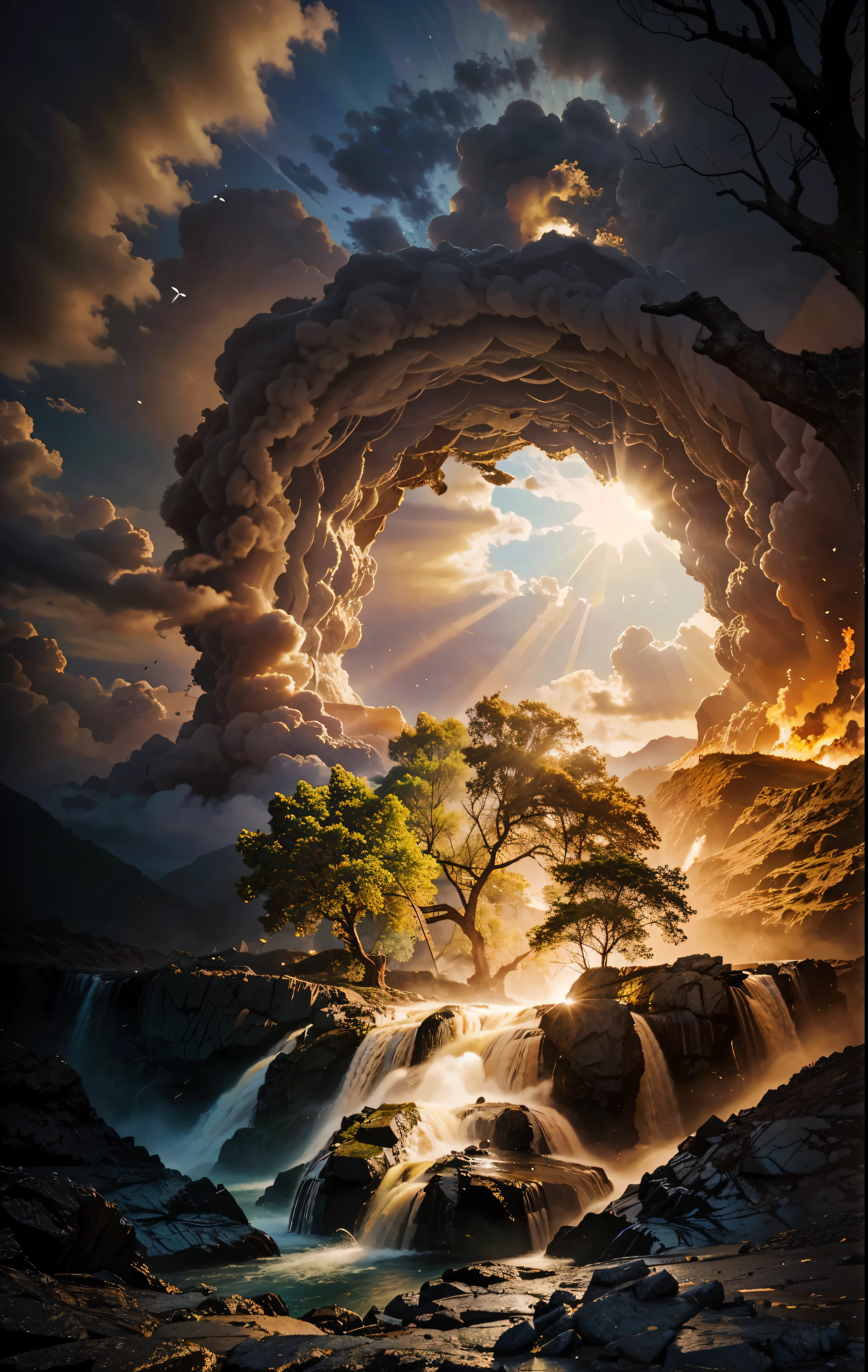surrealismo, God's Heaven, The power of god, God's Realm, clouds, Heavenly Fire, powers, Fire Arrows, Rivers of water, Waterfalls, forst, Cedars, Greater Power, natureza photorrealistic, Beauthfull, Blue Thunder, fire azul, Realistic fire azul, realistic thunder, electrical screws, realistic detailed 8k, 16K Realistic Detail, hard, Detailed Realistic Color, Detailed realistic thunder, fire azul Realistic 8K, Cores photorrealistic 8K, 8K detailed colors, Nitidez photorrealistic 8K, ULTRAHD Photorealism, Divine fire azul, Divine Electric Blue Thunder, Sombras photorrealistics 8K, Textura photorrealistic, naturals, heavens, heavenly, sky night, céu de Beauthfull, the night, majestic, majestic Sky, naturalsmente Chique, thunders, Sky thunders, Divine thunder, Linda, golden, starlight, Heavenly Bolts, villany azul, Blue Screws, Rendering, photorrealistic, ultra high definition, 4K, detailed textures, thunder, detailed shadows, detailed colors, naturals Linda, Great Divine, detailed contrast, realistic contrast, high resolution, detailed colors, realistic detailed 16K, 8K high definition, detailed contrast, realistic contrast, high resolution, detailed colors, fire, villany, realistic detailed, chic, hour glass, Time Pass, hour glass Mística, Mysterious Power, surreal, Power Of Sky, Fire Power, The Final Time, End of Eras, Spiritual Word,
