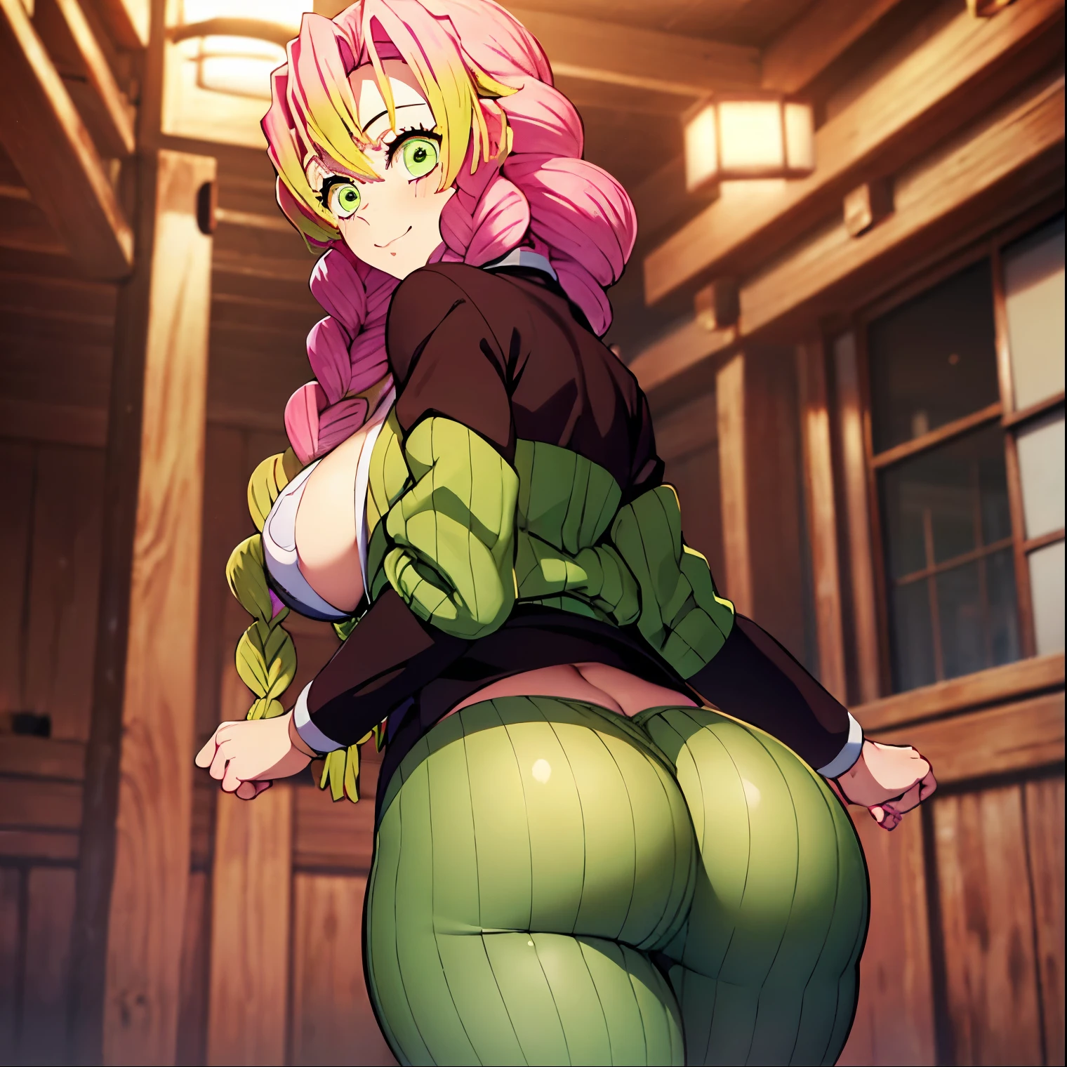 ((1girl)),((alone)), Mitsuri kanroji,(masterpiece), (best quality), (ultra detailed), (best illustration), (best shadow), (absurdities), sharp focus, cowboy photo , looking at the viewer, large breasts, narrow waist, wide hips, medium thighs, round butt, dynamic posture, alone, mole under the eye, mole, breasts, green eyes, thighs, pink hair, green tips, smile, multicolored hair, braid, green short jacket, open jacket, pink sports bra, cleavage, collarbone, black yoga pants, bare waist, navel, thigh slit, thick thighs, black pants, seductive smile, closed mouth, (sexy pose: 1.2) , alone, standing: 1.3, outside, night, city, streets, cityscape, city lights, looking back, from behind, ((focus on ass)), point of view (from below), red blush , perfect anatomy, perfect hands